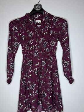 LOFT Plum Floral Tie-Neck Long Sleeve Dress Size XS